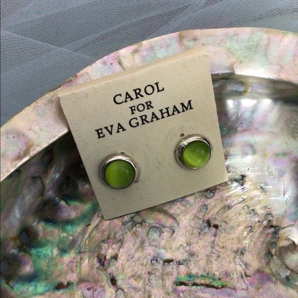 Vintage Carol For Eva Graham Stud Pierced Earrings Silver & Green Round - Picture 12 of 13